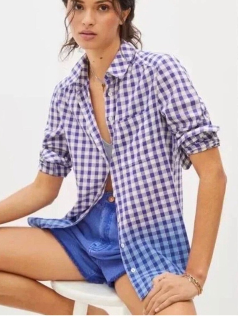 Anthropologie Pilcro Deb Metallic Blue Gingham Plaid Ombré Button Down Shirt M